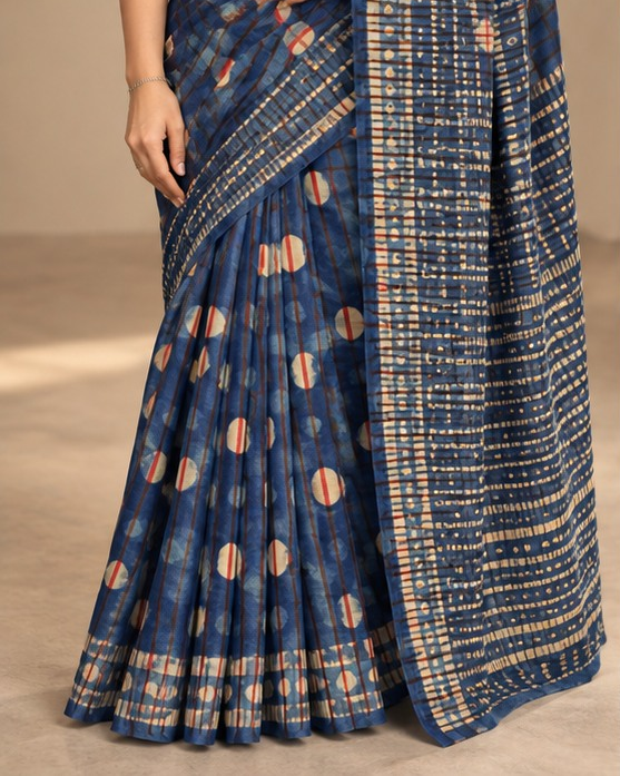 Ajrakh Silk Saree | Indigo Modal Silk | Blue