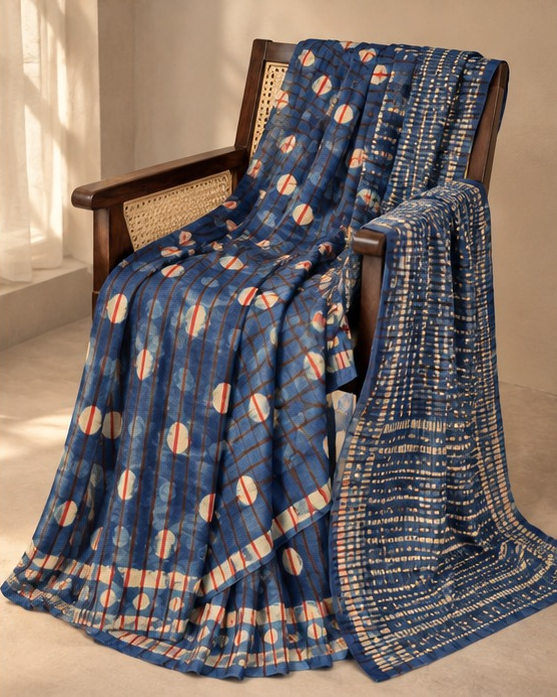 Ajrakh Silk Saree | Indigo Modal Silk | Blue