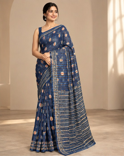 Ajrakh Silk Saree | Indigo Modal Silk | Blue