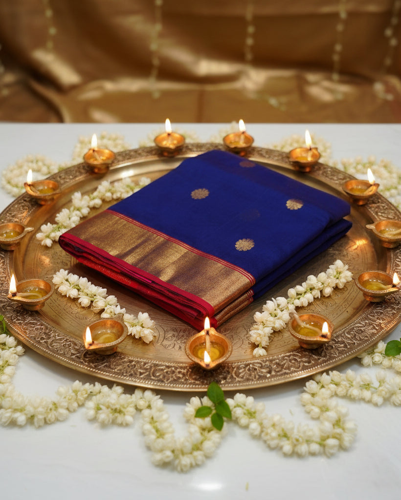 A folded royal blue silk saree with metallic gold zari motifs and a wide red and gold border, displayed on a light gray background.