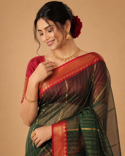 Chanderi Silk Saree | Dark Green & Red