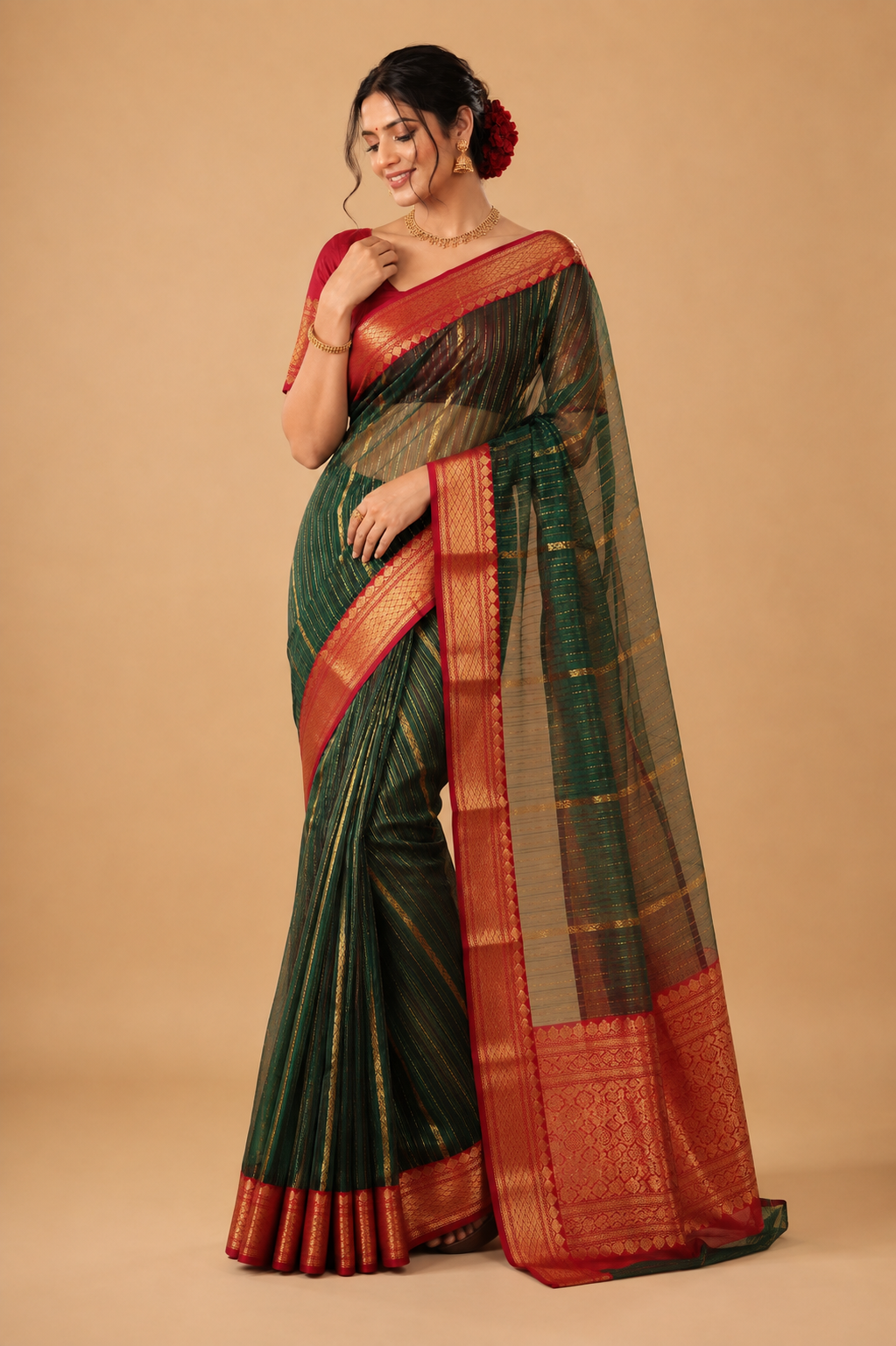 Chanderi Silk Saree | Dark Green & Red