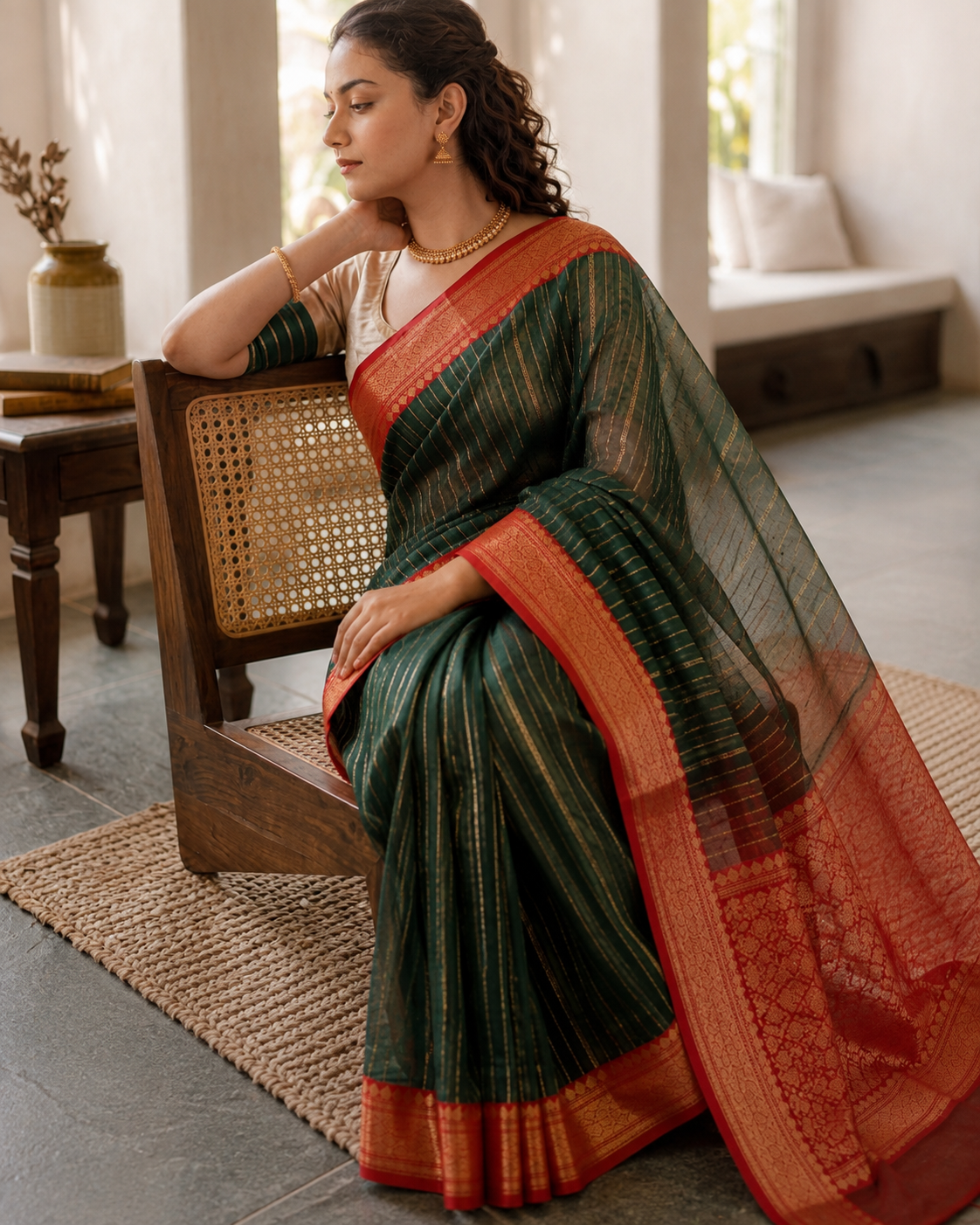 Chanderi Silk Saree | Dark Green & Red
