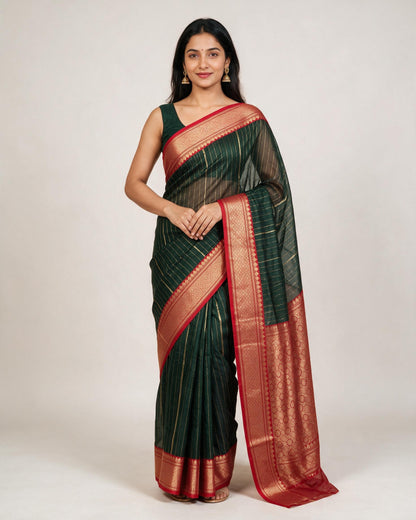 Chanderi Silk Saree | Dark Green & Red