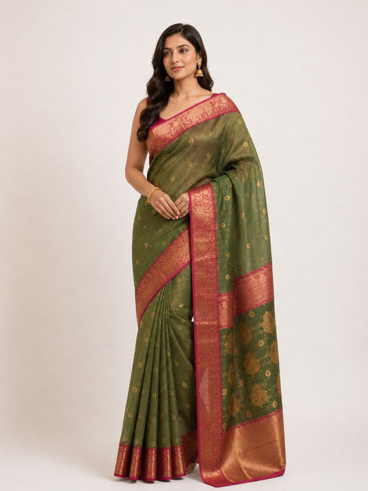 Chanderi Tissue Silk Saree | Green & Pink