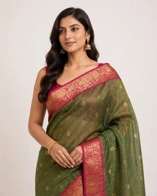 Chanderi Tissue Silk Saree | Green & Pink