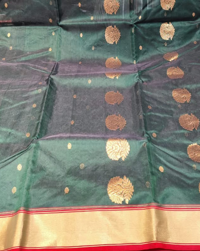 Chanderi Katan Silk Saree | Bottle Green