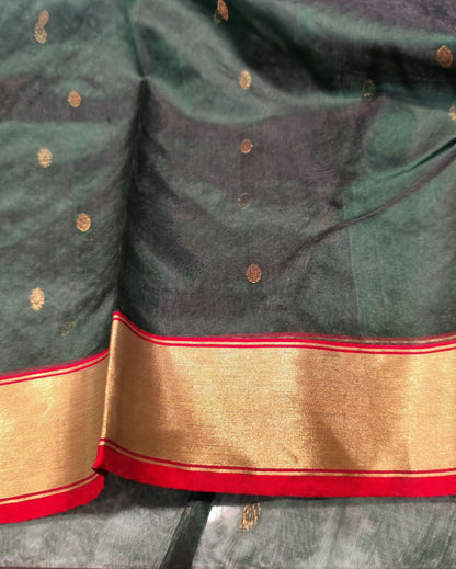 Chanderi Katan Silk Saree | Bottle Green