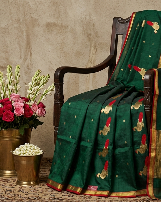 Chanderi Katan Silk Saree | Green with Peacocks