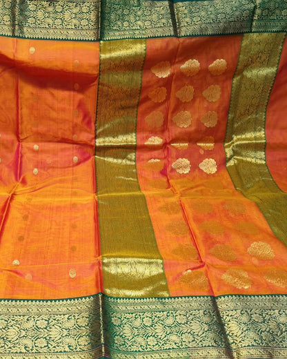 Chanderi Katan Silk Saree | Orange & Green