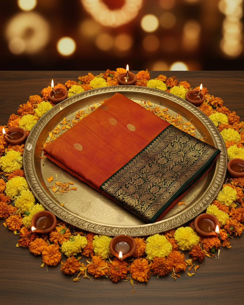 Chanderi Katan Silk Saree | Orange & Green