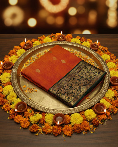 Chanderi Katan Silk Saree | Orange & Green