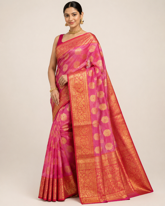 Chanderi Pink Red Saree on an Indian model wearing jewellery on a neutral studio backdrop