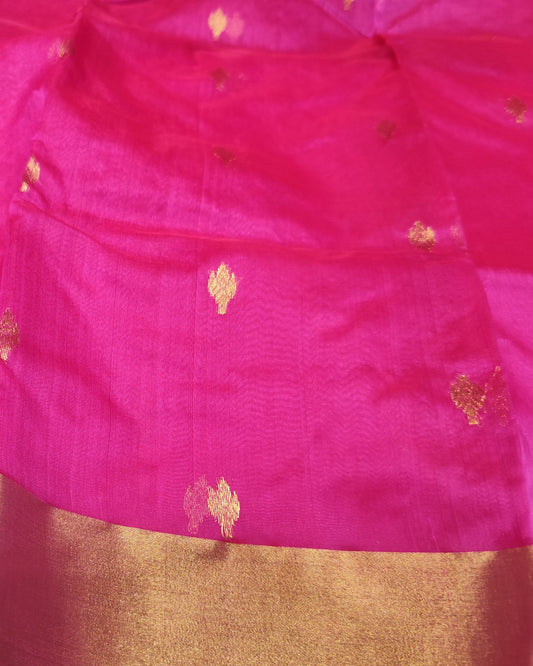 Chanderi Katan Silk Saree | Hot Pink | Small Butta