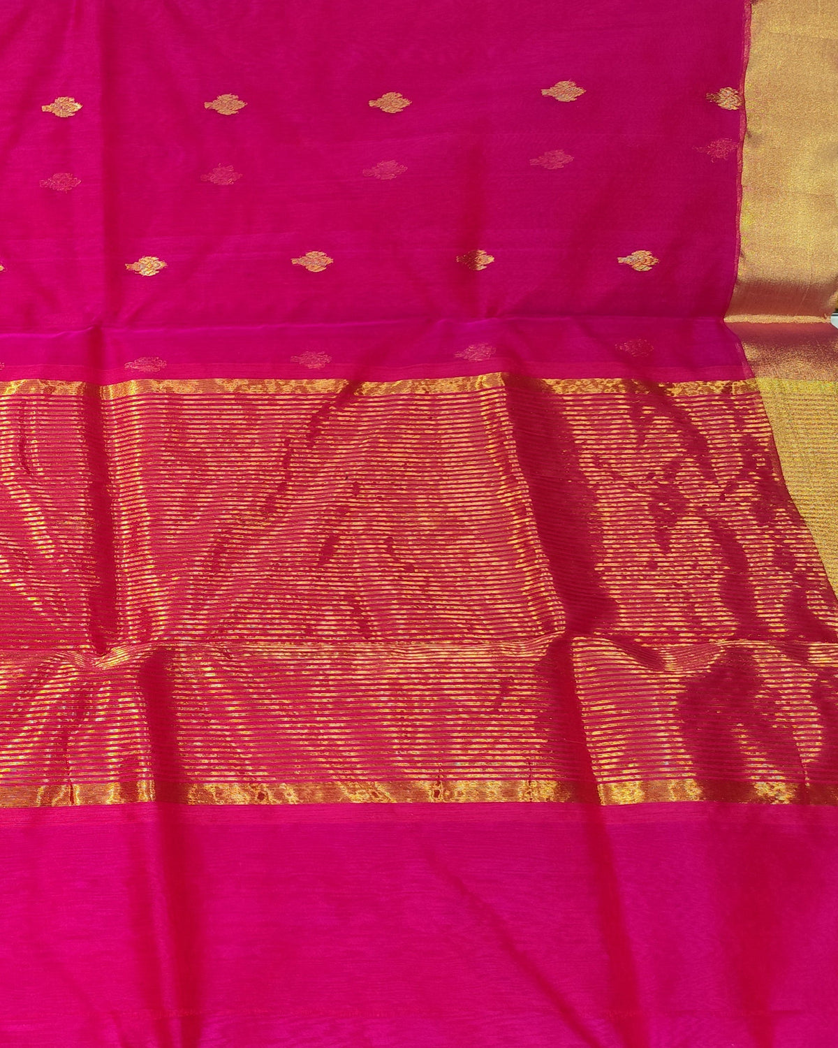 Chanderi Katan Silk Saree | Hot Pink | Small Butta