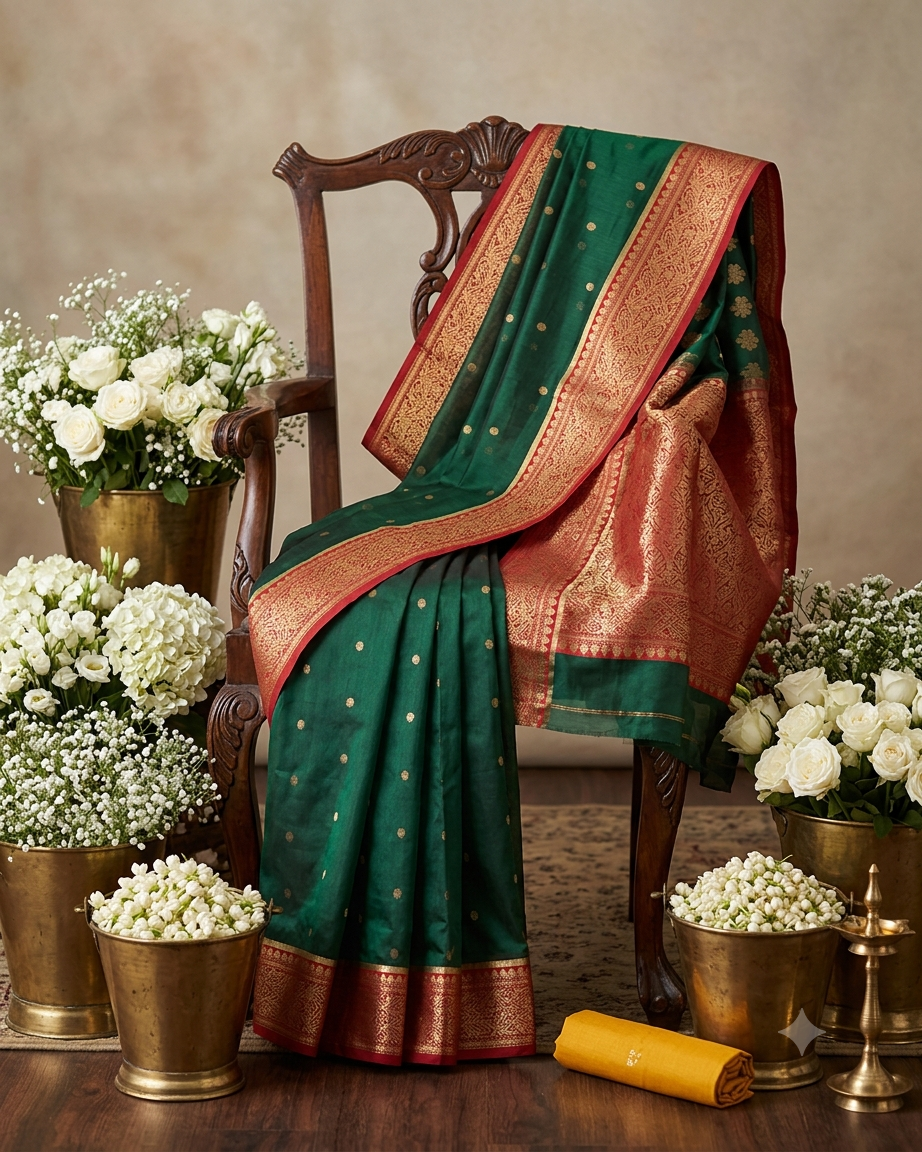 Chanderi Silk Saree | Bottle Green & Red
