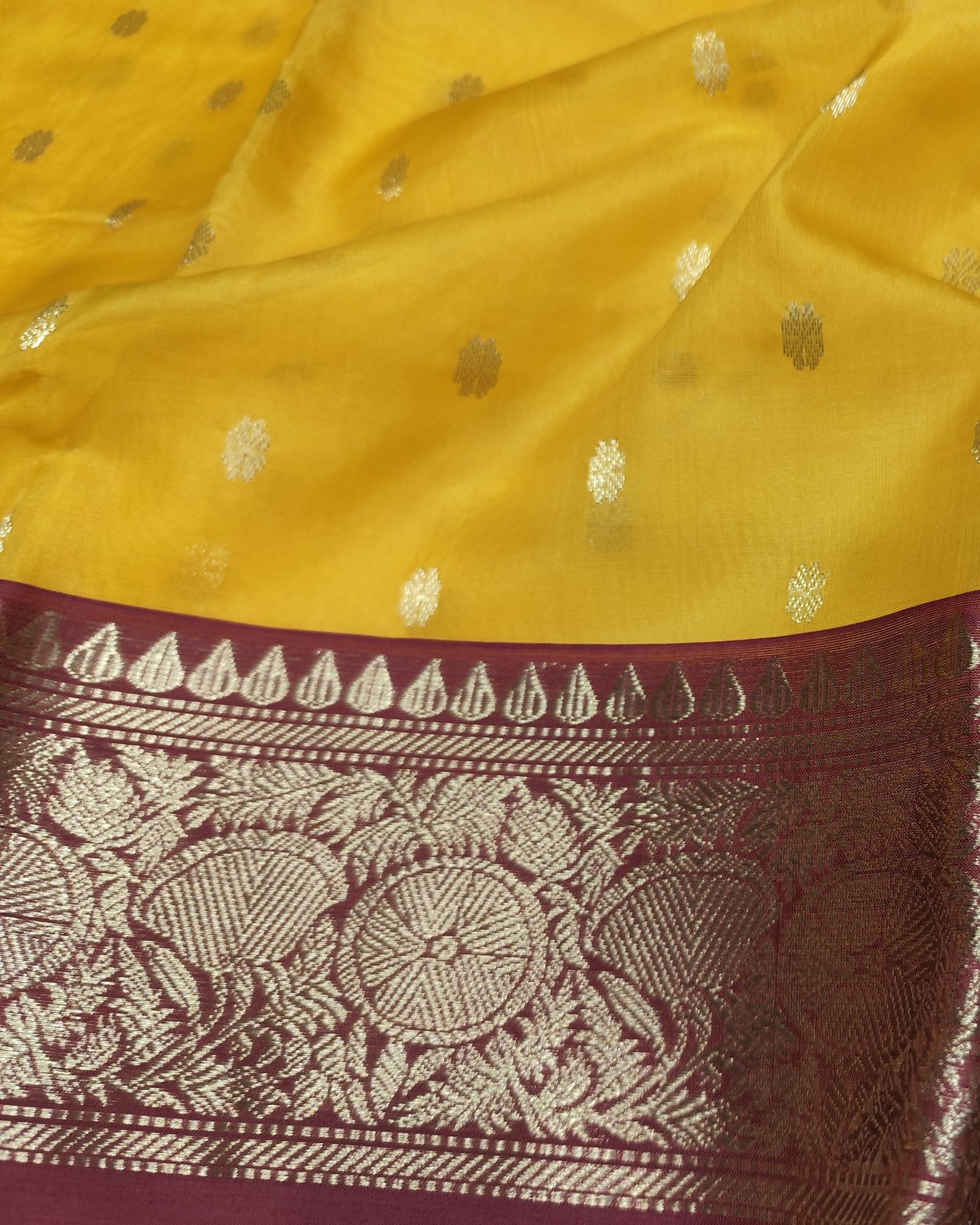 Chanderi Silk Saree | Mustard Yellow & Maroon