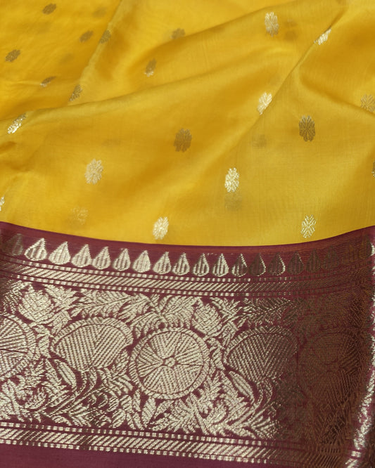 Chanderi Silk Saree | Mustard Yellow & Maroon