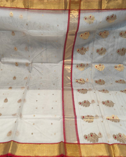 Chanderi Katan Silk Saree | White