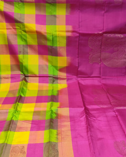 Kanjeevaram Soft Silk Saree | Checks | Pink & Multicolor 2