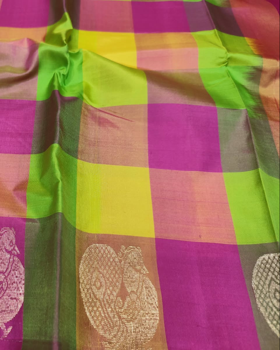 Kanjeevaram Soft Silk Saree | Checks | Pink & Multicolor 2
