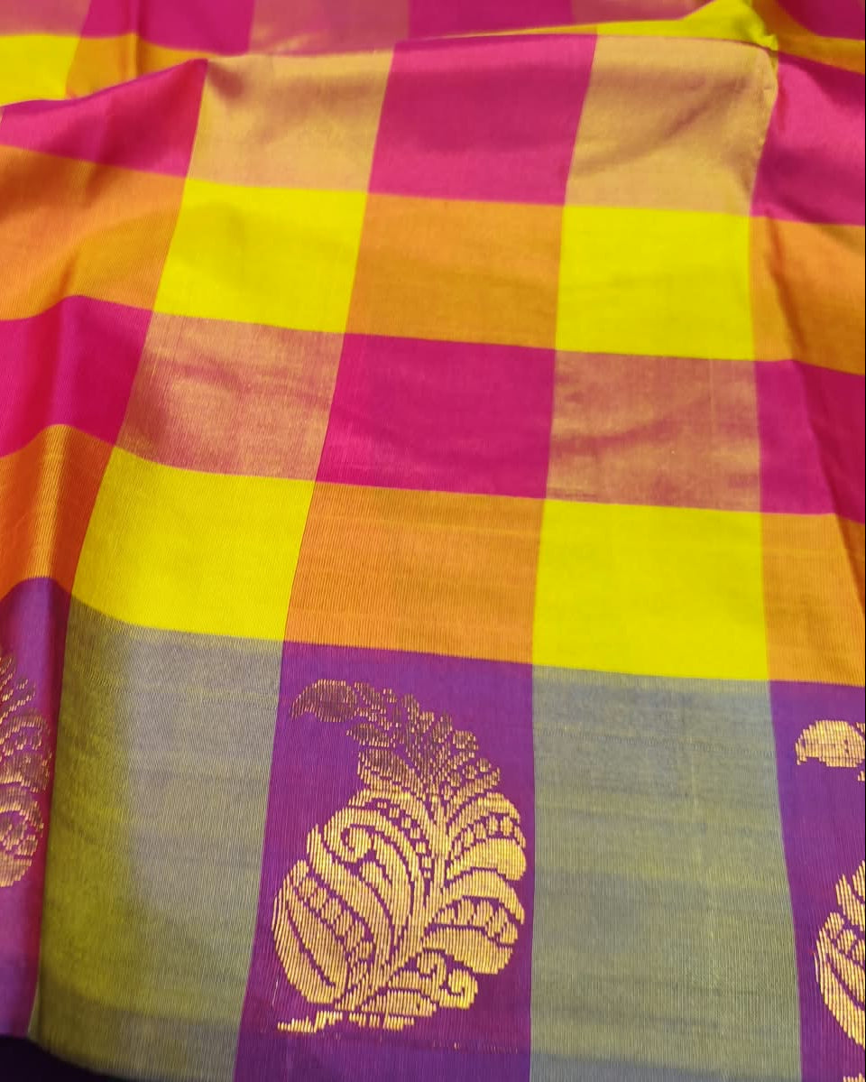 Kanjeevaram Soft Silk Saree | Checks | Purple & Multicolor