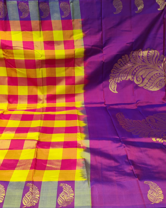 Kanjeevaram Soft Silk Saree | Checks | Purple & Multicolor