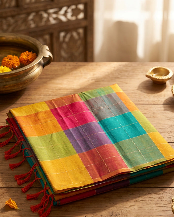 Kanjeevaram Soft Silk Saree | Checks | Pink & Multicolor
