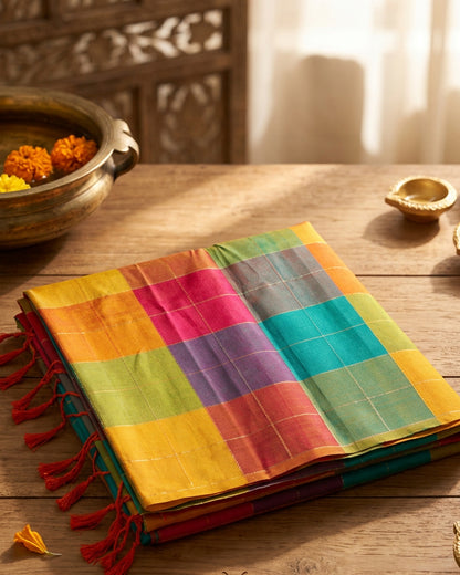 Kanjeevaram Soft Silk Saree | Checks | Pink & Multicolor