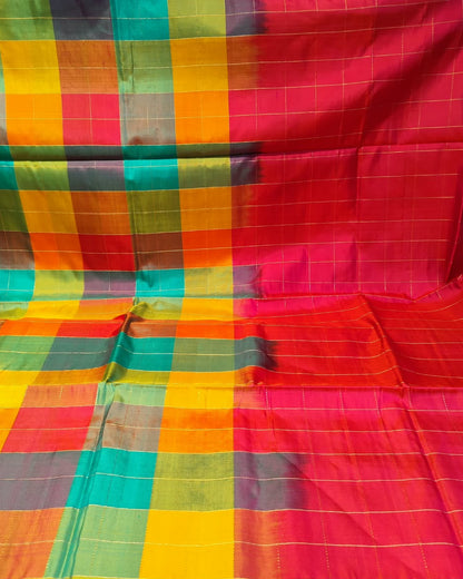Kanjeevaram Soft Silk Saree | Checks | Pink & Multicolor