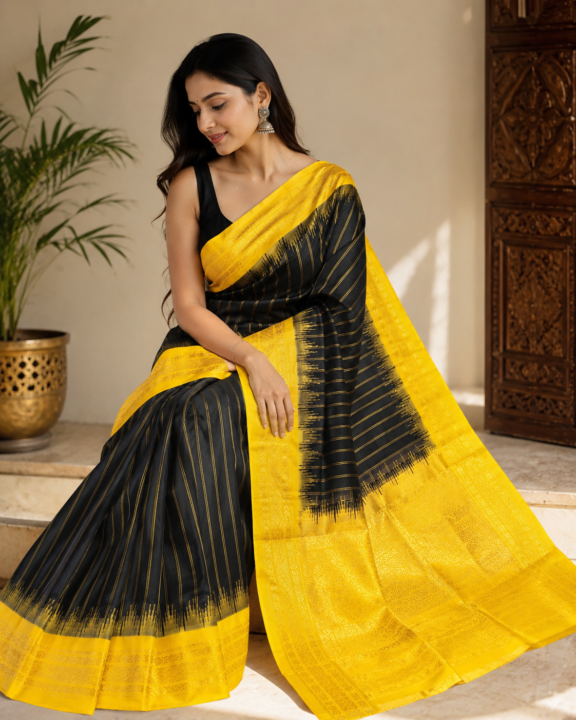 Gadwal Silk Saree | Black & Yellow