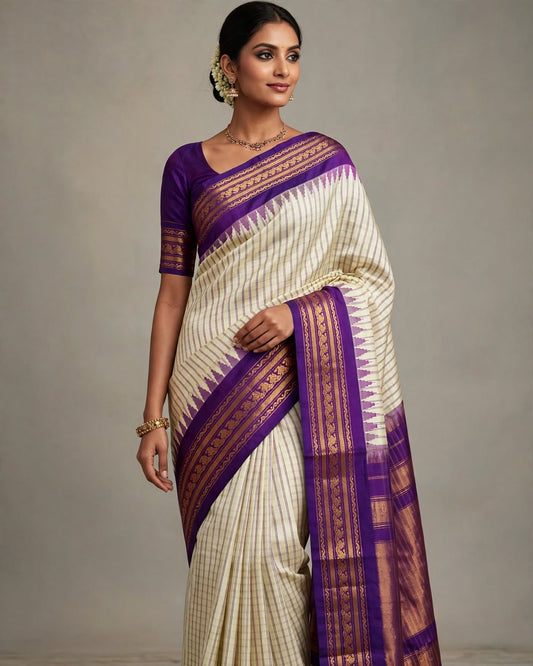 Gadwal Silk Saree | White & Purple