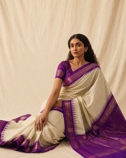 Gadwal Silk Saree | White & Purple