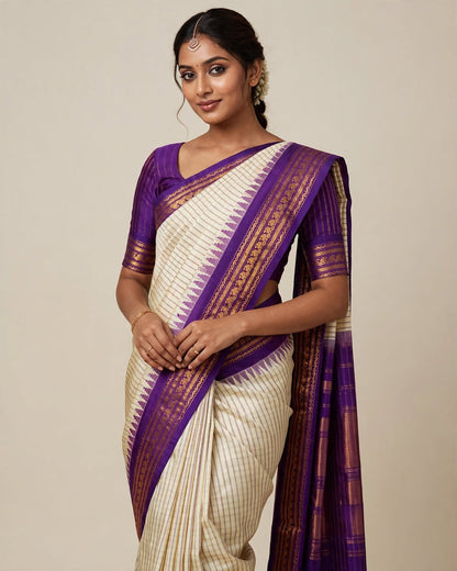 Gadwal Silk Saree | White & Purple