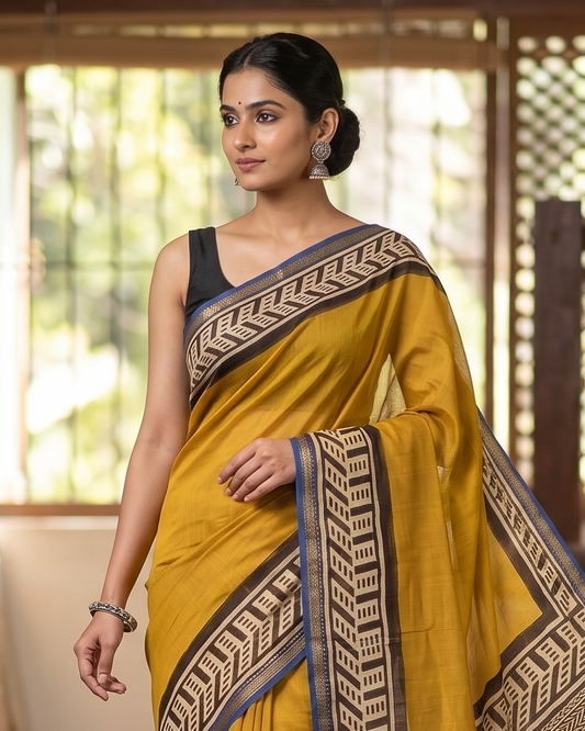 Maheshwari Silk Cotton Saree | Yellow & Blue | Block Print