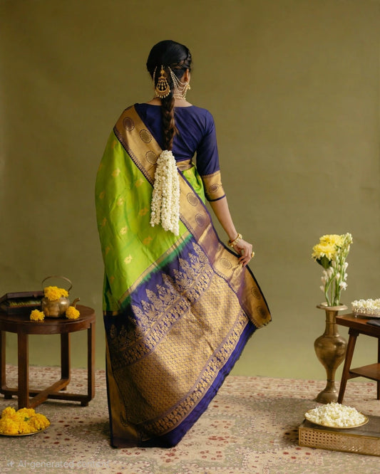Geen silk saree with blue gold zari border