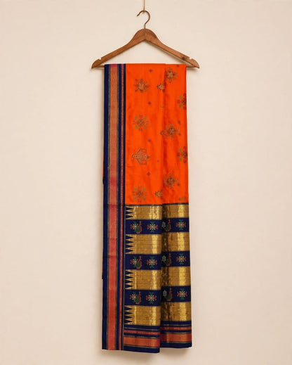 Ilkal Plain Kasuti Saree | Orange & Navy Blue