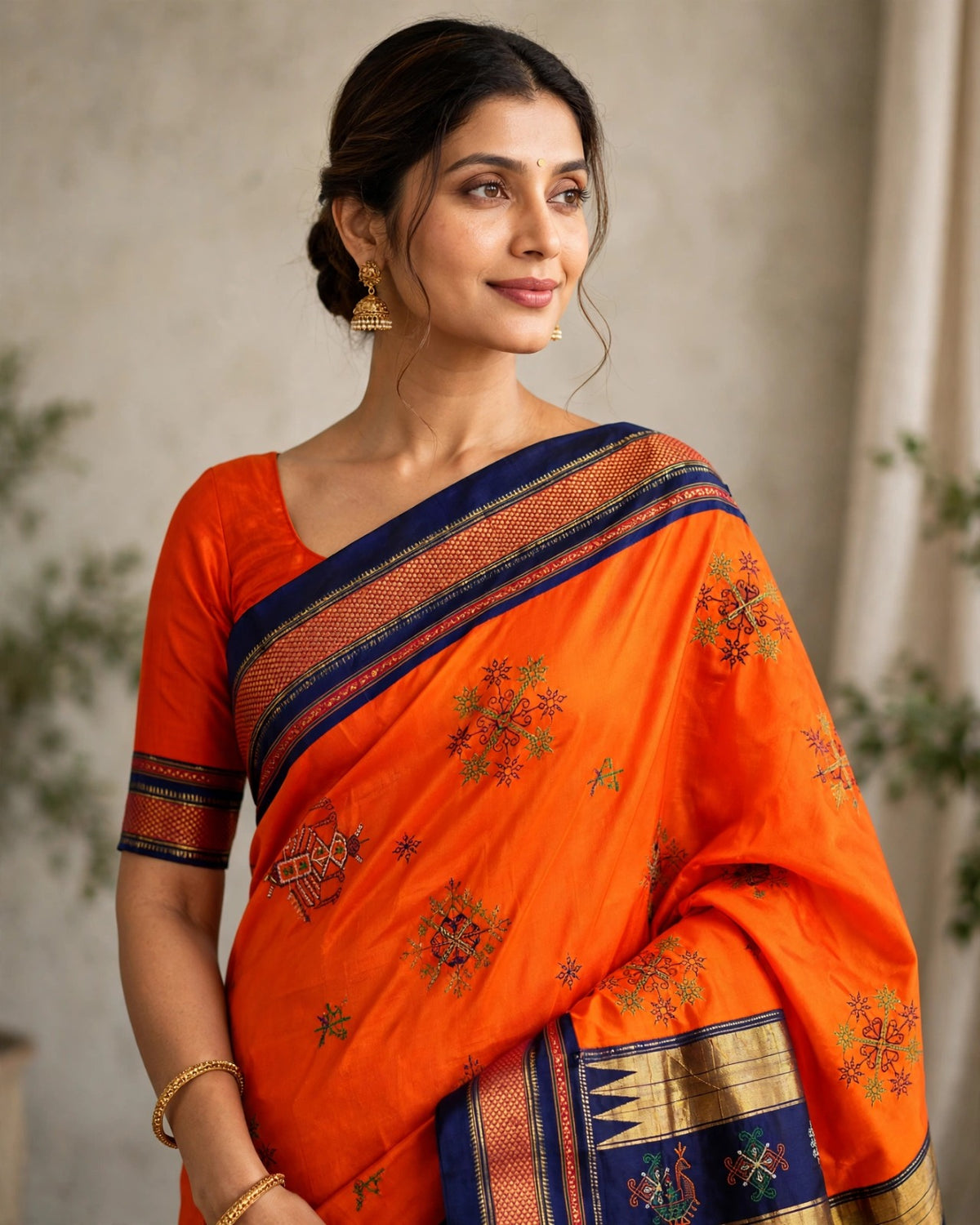 Ilkal Plain Kasuti Saree | Orange & Navy Blue