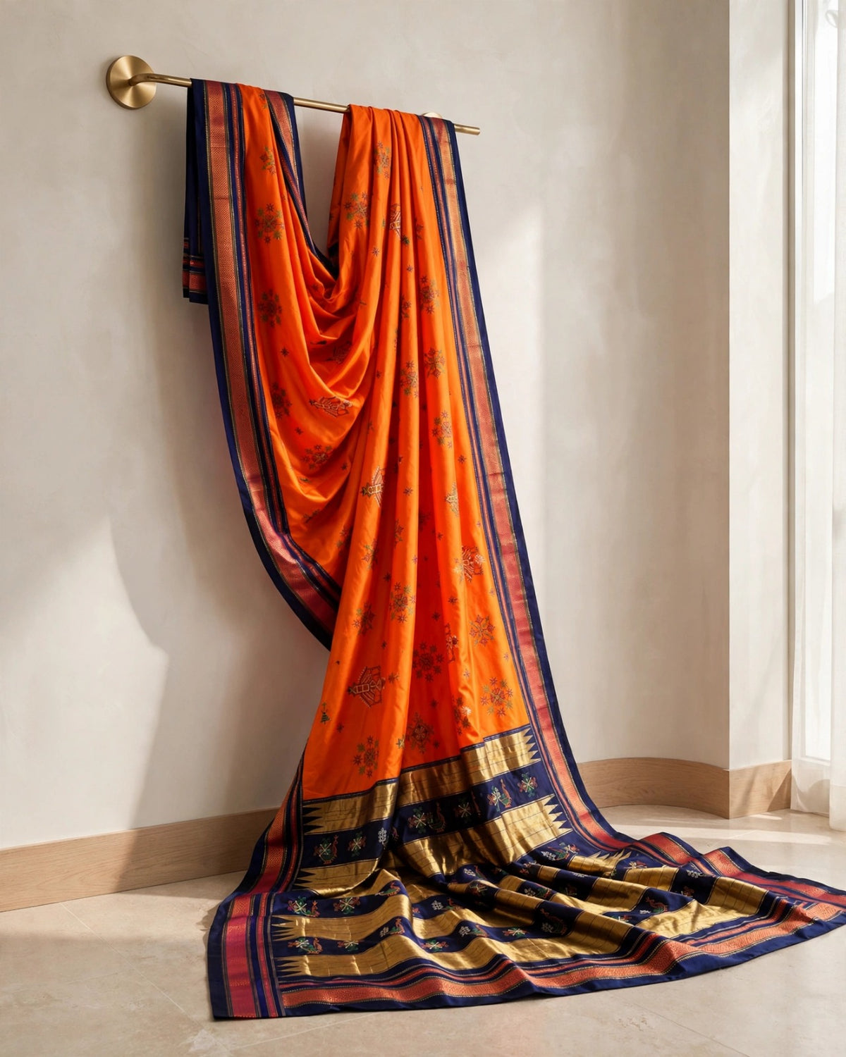 Ilkal Plain Kasuti Saree | Orange & Navy Blue