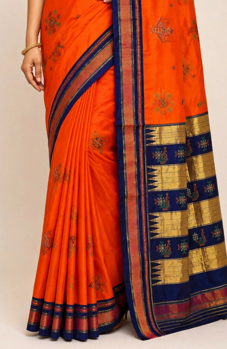 Ilkal Plain Kasuti Saree | Orange & Navy Blue