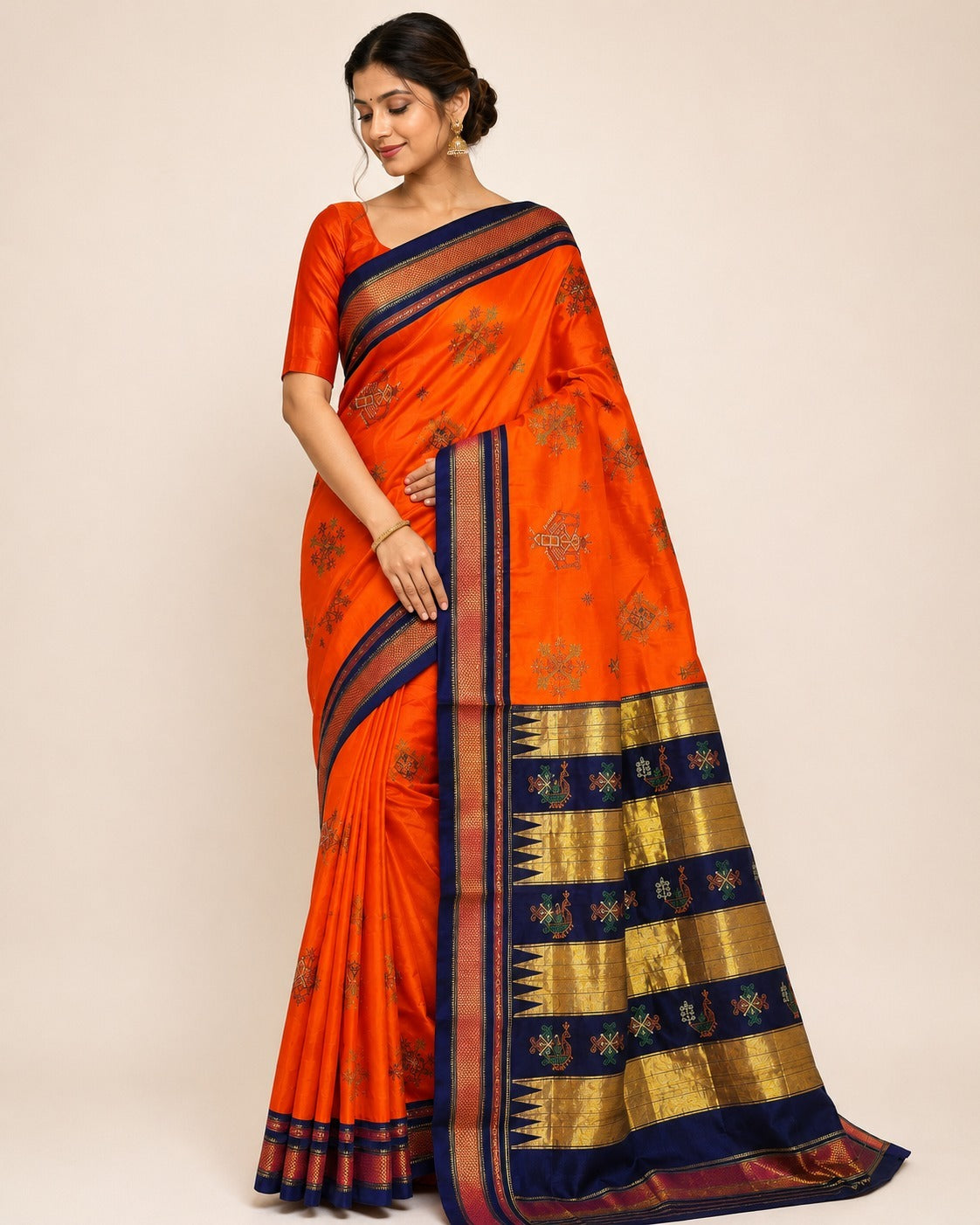 Ilkal Plain Kasuti Saree | Orange & Navy Blue