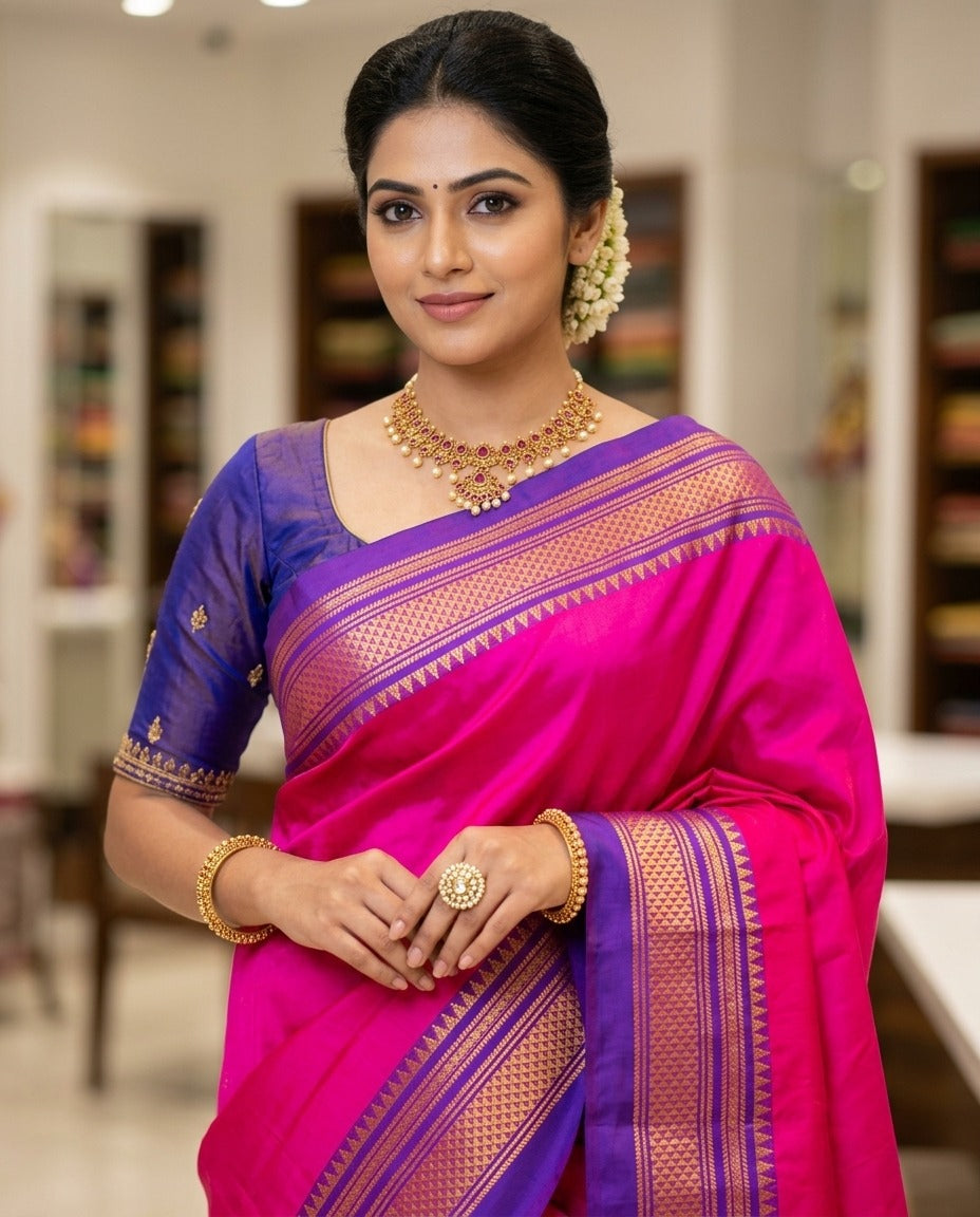 Ilkal Silk Plain Saree | Rani Pink & Blue