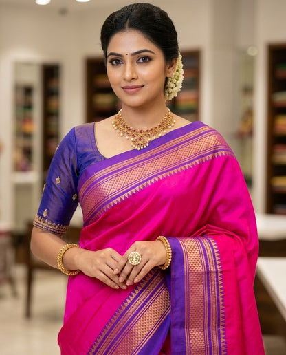 Ilkal Silk Plain Saree | Rani Pink & Blue
