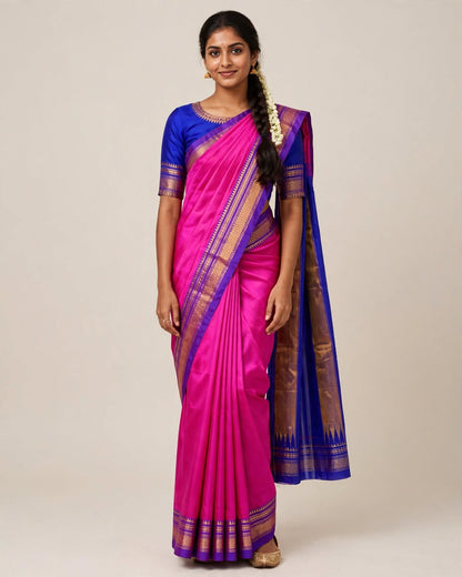 Ilkal Silk Plain Saree | Rani Pink & Blue