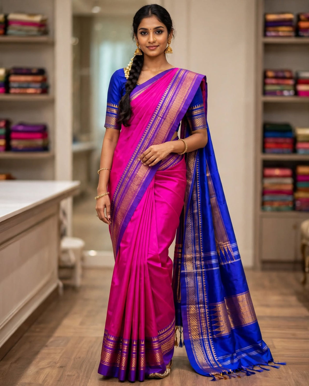 Ilkal Silk Plain Saree | Rani Pink & Blue