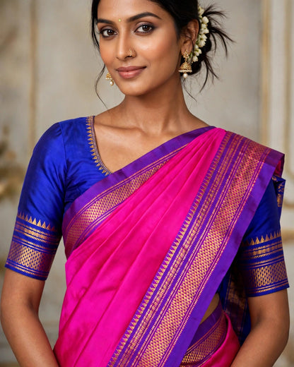 Ilkal Silk Plain Saree | Rani Pink & Blue