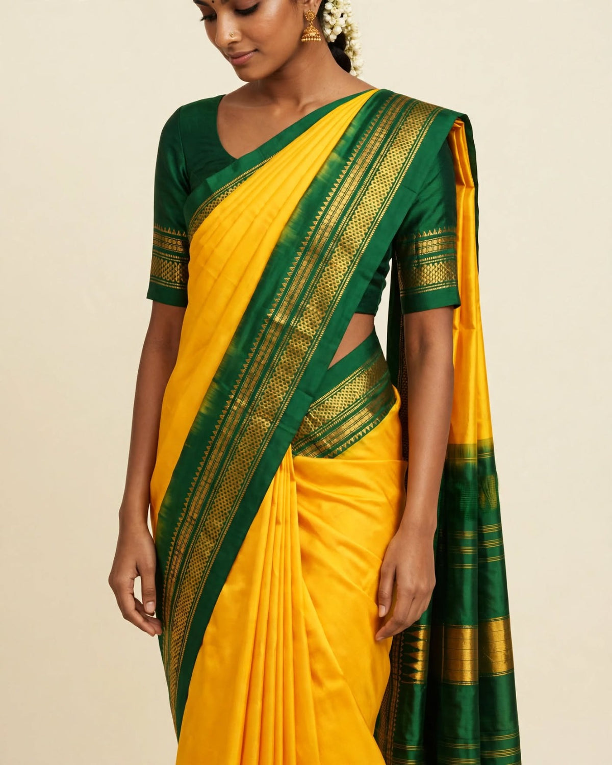 Ilkal Silk Plain Saree | Yellow & Green