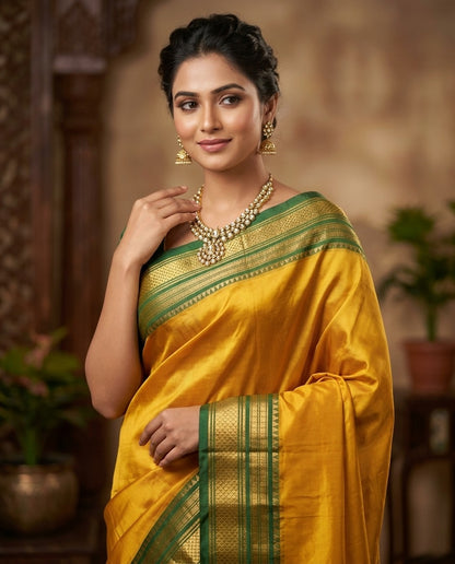 Ilkal Silk Plain Saree | Yellow & Green