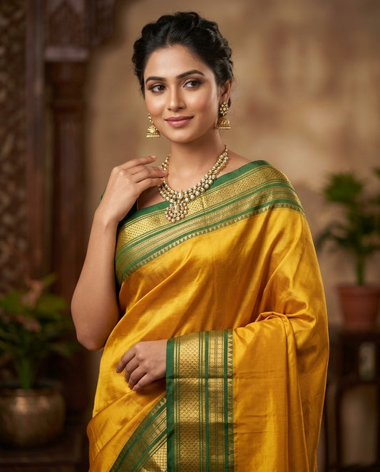 Ilkal Silk Plain Saree | Yellow & Green