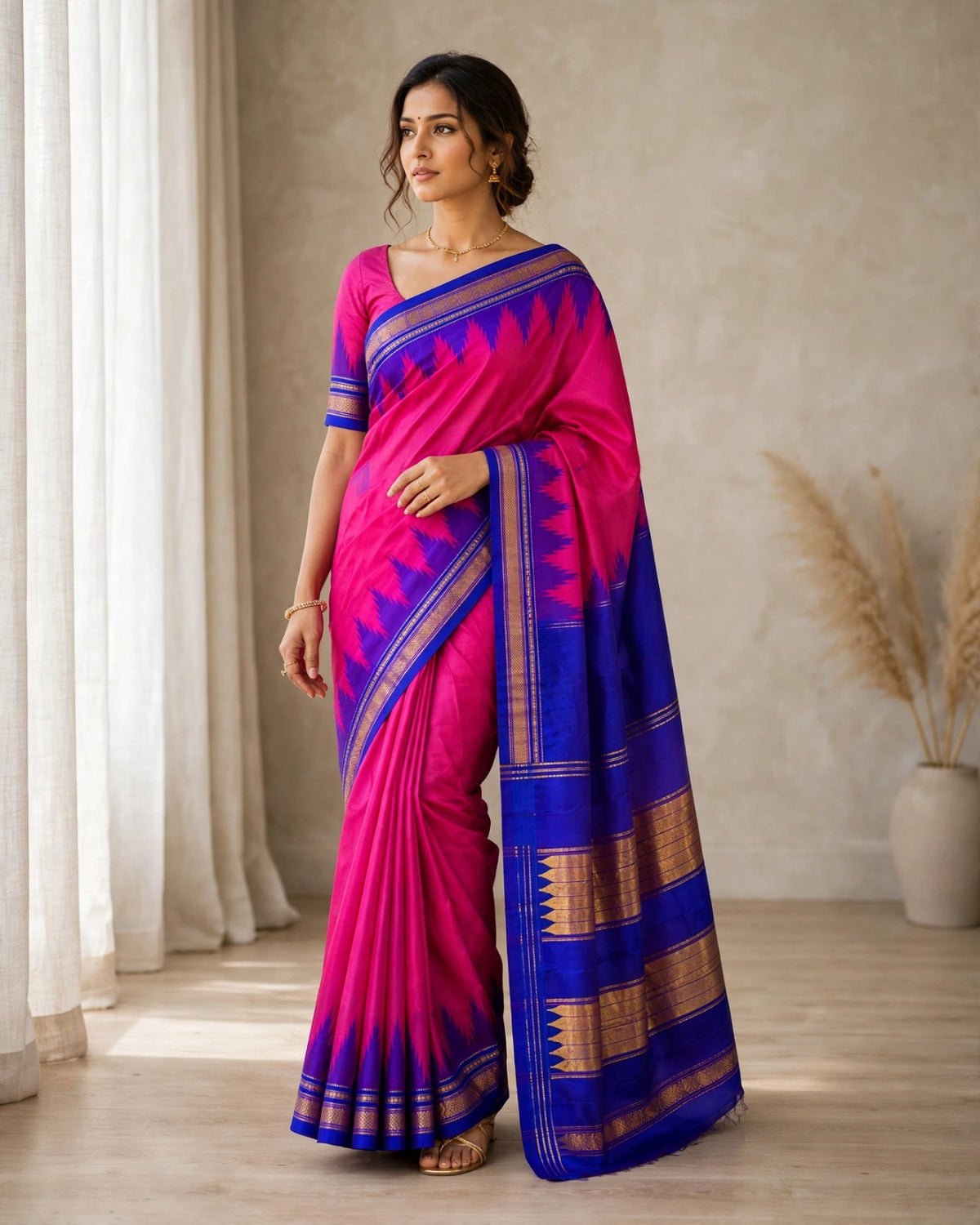 Ilkal Silk Plain Temple Saree | Pink & Blue